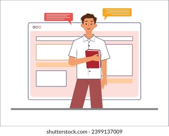 Young man carrying a book with a screen of the website he practices, working in the creative profession. Character design. Vector flat illustration