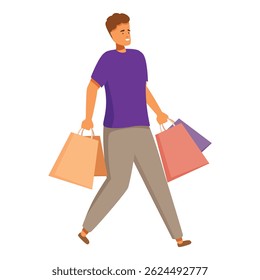Young man carrying colorful paper bags enjoying shopping, consumerism and retail concept
