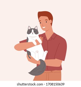 Young man carrying a cute cat. Portrait of happy pet owner. Vector illustration in a flat style