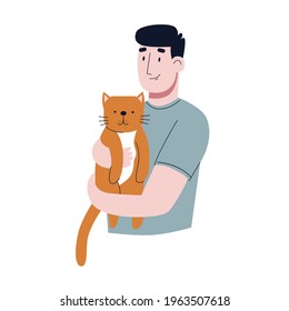 Un joven cargando un lindo gato. Un hombre abrazando a un gato. Ilustración vectorial plana.