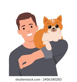 Young man carrying a cute cat. Portrait of happy pet owner. Flat vector illustration isolated on white background