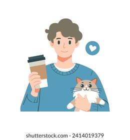 A young man carrying a cute cat. A man hugging a cat with holding Coffee. Flat vector illustration