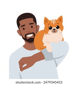 Young man carrying a cute cat. Flat vector illustration isolated on white background