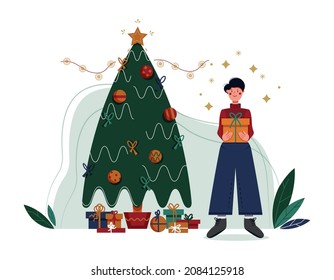 Young man carrying a gift box next to Christmas tree. Person holding a surprise or present. Human character on white background. Christmas and New Year celebration. Cartoon flat vector illustration