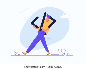 Young man carrying heavy code symbol. Flat modern concept vector illustration of coding and learning programming courses. Casual design on white background