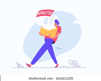 Young man carrying heavy envelope with a newsletter. Flat modern concept vector illustration of people who subscribes to monthly notification, news and promo letters. Casual design on white background