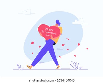 Young man carrying heavy heart symbol as Valentines greeting card. Flat modern vector illustration of people who fell in love and celebrating Saint Valentines day. Romantic banner on white background