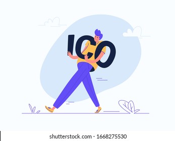 Young man carrying heavy ico letters. Flat modern concept vector illustration of people who investing money for a cryptocurrency or profitable fintech projects. Casual design on white background