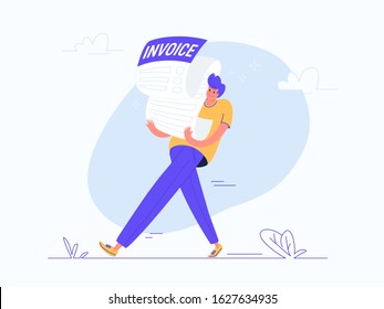 Young man carrying heavy invoice. Flat modern concept vector illustration of burden of receiving huge bills. Casual design of people who need to pay for services on white background