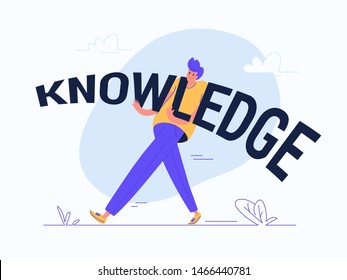 Young man carrying heavy knowledge word. Flat modern concept vector illustration of burden of knowledge during life. Casual design for learning and educational banners on white background