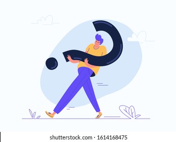 Young man carrying heavy question symbol. Flat modern concept vector illustration of people who needs professional help, support or more information. Casual design on white background