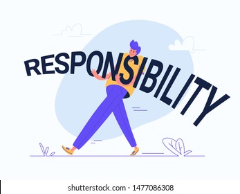 Young man carrying heavy responsibility word. Flat modern concept vector illustration of burden of rhis personal responsibility during life time. Casual design on white background