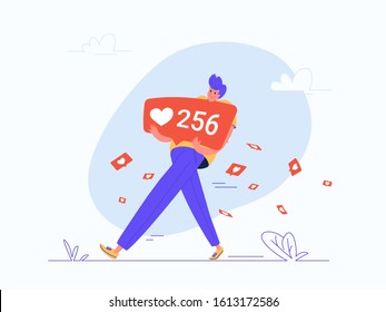 Young man carrying heavy speech bubble with heart symbol of social media. Flat modern concept vector illustration of online networking and addiction. Casual design on white background