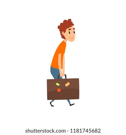 Young man carrying a heavy suitcase, people traveling on vacation concept cartoon vector Illustration on a white background