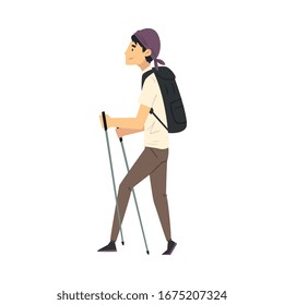 Young Man Carrying Hiking Backpack Walking with Sticks Vector Illustration