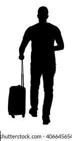 Young man carrying his rolling suitcase vector silhouette illustration isolated on white background. Passenger go to travel. Traveler with bag waiting taxi. Handsome boy with luggage on border.