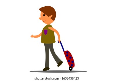 Young man carrying his suitcase walking in the airport for travel to other country.  Travel and tourism concept or used for voyage trip travel advisor agency concept.
