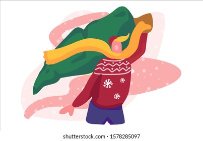 A young man carrying home Christmas tree. stock illustration