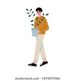 Young Man Carrying House Plant, Guy Shopping at Marketplace Vector Illustration