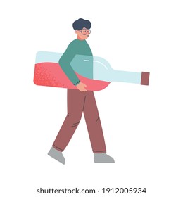 Young Man Carrying Huge Bottle of Red Wine Cartoon Style Vector Illustration
