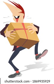 Young man carrying huge present box with red ribbon illustration. Smiling happy person celebrating birthday or important event cartoon style isolated on white
