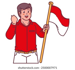 A young man carrying the Indonesian flag