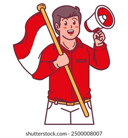 A young man carrying the Indonesian flag and megaphone