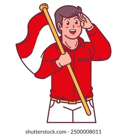 A young man carrying the Indonesian flag