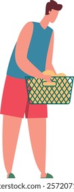 Young man carrying a laundry basket filled with neatly folded clothes, embodying the essence of household chores and the daily routine of housekeeping in a modern home setting