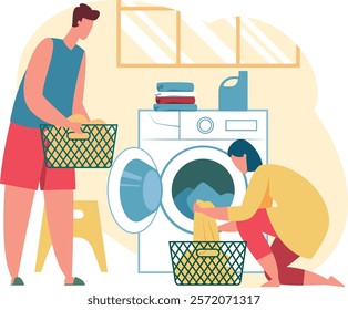 Young man carrying laundry basket and woman loading clothes into washing machine while kneeling, performing household chores together in the laundry room