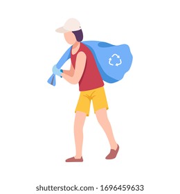Young Man Carrying Plastic Bag Full of Trash, Male Volunteer Picking Garbage Outdoors Vector Illustration