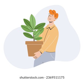 Young man carrying a pot of ficus. Vector Guy engaged in growing plants, flat style.