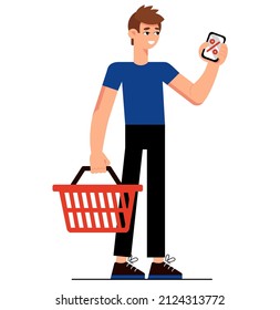 Young man carrying shopping bag red casket and phone going to shopping. Seasonal sale and discount through mobile application. Cartoon character isolated on white background. Flat vector illustration