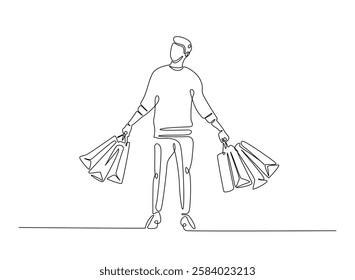 Young man carrying shopping bags in continuous one line drawing. Man holding paper bags for fashion and shopping concept line draw. Editable vector.