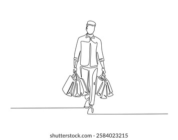 Young man carrying shopping bags in continuous one line drawing. Man holding paper bags for fashion and shopping concept line draw. Editable vector.