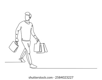 Young man carrying shopping bags in continuous one line drawing. Man holding paper bags for fashion and shopping concept line draw. Editable vector.