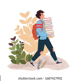 Young man carrying stack of books. Student studying and preparing for examination. Book lovers, readers, library, modern literature fans isolated on white background. Flat cartoon vector illustration