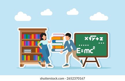 jovem carregando uma pilha de livros para dar a uma jovem mulher eles estão de pé entre as estantes e uma ilustração quadro-negro de compartilhar conhecimento e ciência
