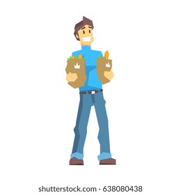 Young man carrying two bags with food products. Shopping in grocery store, supermarket or retail shop. Colorful character vector Illustration