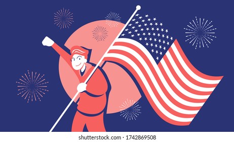 Young Man Carrying USA Flag in 4th of July Celebration Illustration. Retro Color Style and Red Blue White Fireworks Vector