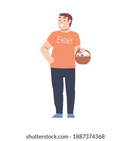 Young Man Carrying Wicker Basket with Easter Eggs, Happy Easter Concept Cartoon Style Vector Illustration