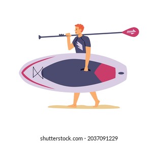 Young man carrying wide paddle board and paddle, flat vector illustration isolated on white background. Man going to paddleboarding or stand up paddle surfing.