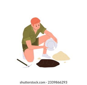 Young man cartoon archeologist character finding ancient utensil while digging soil ground