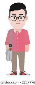 Young man cartoon with a bag on his shoulder