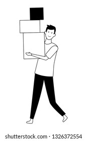 young man cartoon in black and white