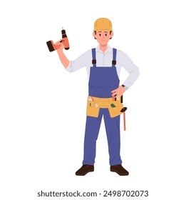 Young man cartoon character builder or repairman wearing uniform holding work tool isolated on white