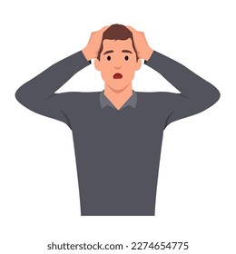 Young man cartoon character Confused in Casual wear scratching his head. Unhappy man in puzzled expression. Flat vector illustration isolated on white background