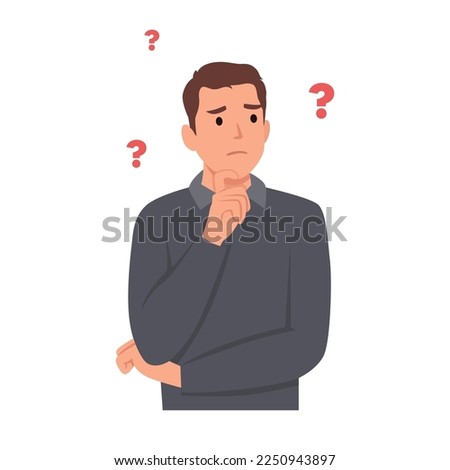 Young man cartoon character Confused thinking about problem solution hand on chin. Unhappy man in puzzled expression . Flat vector illustration isolated on white background