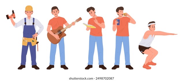 Young man cartoon character daily activity and lifestyle routine activity isolated on white
