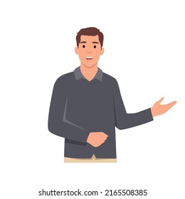 Young man cartoon character doing presentation of business project concept. Flat vector illustration isolated on white background